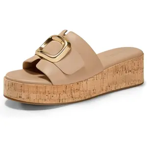 Fashare Womens Platform Sandals Cork Beach Slip on Wedges Metal Buckle Slides Open Toe Shoes