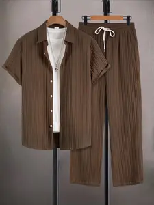 Men Menswear 2 Piece Outfits Short Sleeve Shirt and Trouser Pants Sets Casual Walking Set Men's Beachwear Clothes