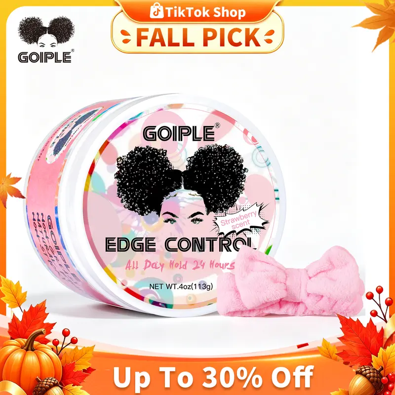 GOIPLE 24H Extreme Hold Edge Control Wax - Strawberry Scented with Castor Oil Flake-Free, Non-Greasy & No White Cast Sleek Hairline Wax for All Hair Types Back to School (4oz)