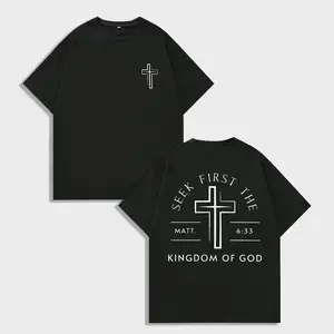 GLEC “Seek First the Kingdom of God” men’s summer high-quality printed cotton T-shirt (230 g), washed cotton, classic retro high street fashion, boutique style, popular letter pattern print, Christian-themed cross design.