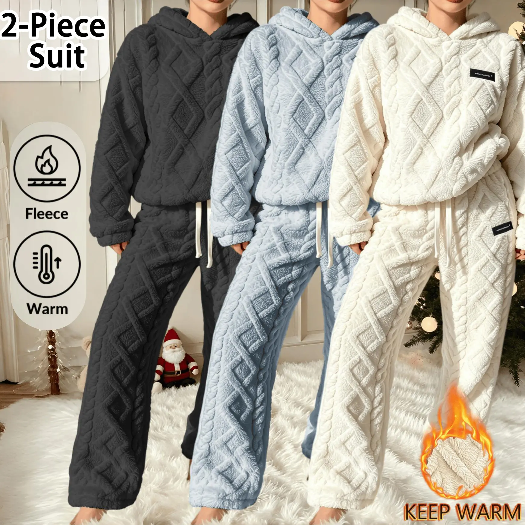 Women's hooded pajama set, 2 piece warm and comfortable home outfit, soft and thick fluffy hoodie+wide leg pants, autumn and winter pajamas, cute vacation home outfit, loose fitting women's pajamas, perfect choice for Christmas and night rest