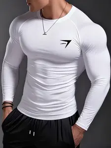 Men's Fashion Sporty T-Shirt, Pattern Print, High Stretch Round Neck Long Sleeve, Quick Dry Slim Fit, Casual Fall Wear