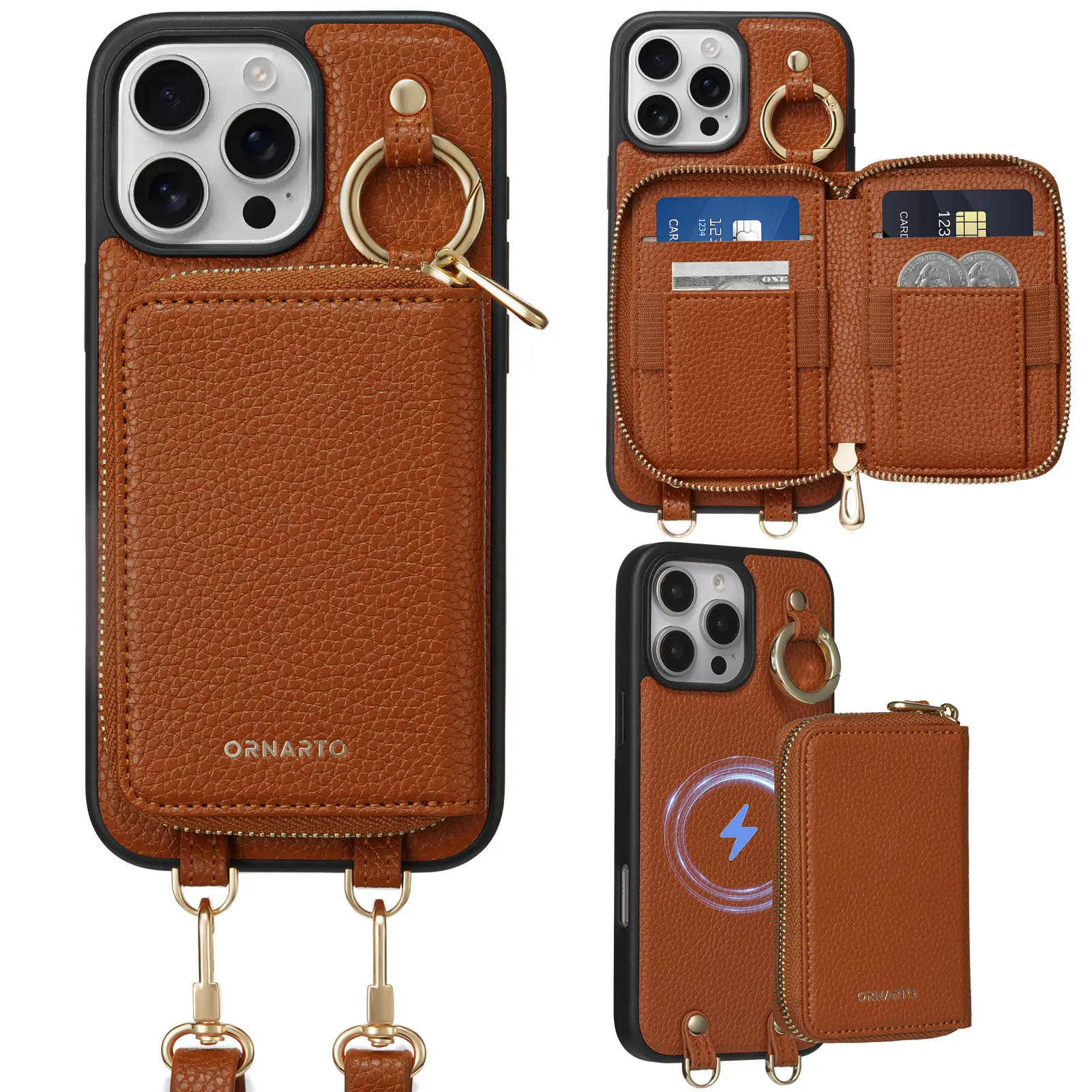 ORNARTO Magnetic Detachable Wallet Case for iPhone 17 Pro / 17 Pro Max / 16 Pro / 16 Pro Max, [Compatible with MagSafe], Crossbody Wallet Case with Card Holder Wrist Strap, RFID Blocking PU Leather Wallet Phone Cover