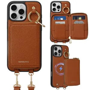 ORNARTO Magnetic Detachable Wallet Case for iPhone 17 Pro / 17 Pro Max / 16 Pro / 16 Pro Max, [Compatible with MagSafe], Crossbody Wallet Case with Card Holder Wrist Strap, RFID Blocking PU Leather Wallet Phone Cover