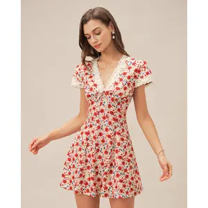Red V Neck Floral Lace Mini Dress