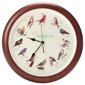 Singing Bird Sound Wall Clock with 12 Nature Bird Songs, 13 Inch Cherry Wood Decorative Wall & Table Clock, Smart Light Sensor, Battery Operated Relaxing Home Decor
