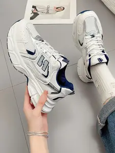New Trendy Women's Dad Sneakers, Thick Soled Sneakers, Thick Sole Height Increasing Design, Patchwork Lace-Up Sports Shoes, Casual Fashion Footwear, Fashionable Casual Sneakers