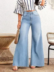 Women's Y2K Style High Waisted Jeans, Vertical Bell Bottoms, Elastic Texture Design, Perfect for Casual & Fashion, Loose Fit, Long Regular Pants