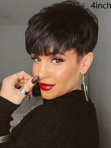 Women's Short Pixie Cut Wigs, Brazilian Human Hair, 4 Inch Natural, 150% Density, Full Machine-Made Design