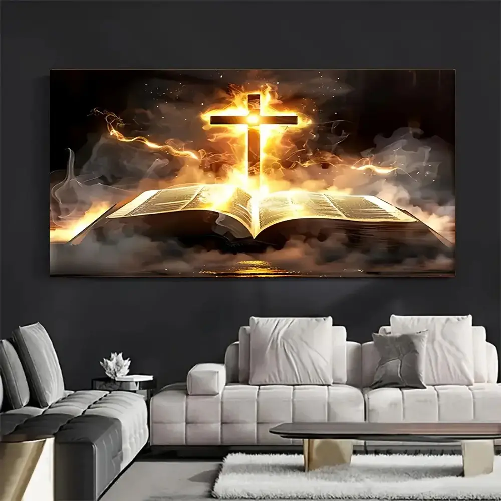 1 Framed Canvas Wall Art - Gold Light Cross and Scripture Design, Wooden Frame, Perfect for Living Room, Bedroom or Office, or as a Thoughtful Holiday Gift, Inspirational Decoration | Elegant Framed Painting | High Quality Large Size Canvas Art