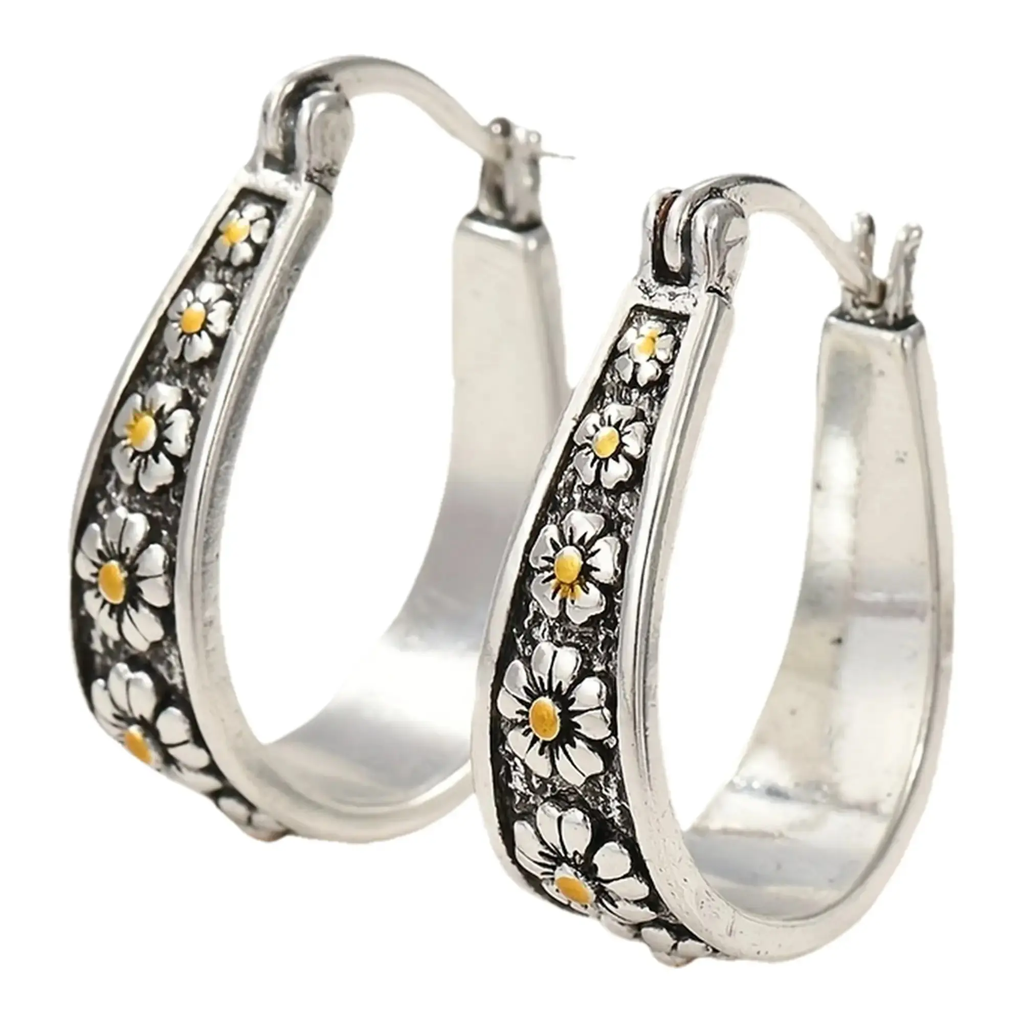 Women's Vintage Floral Hoop Earrings - Hand-Carved Flower design with Golden-Tone centers, Everyday & Formal Events - Elegant Bohemian Jewelry Gift for Women, Flower Earrings