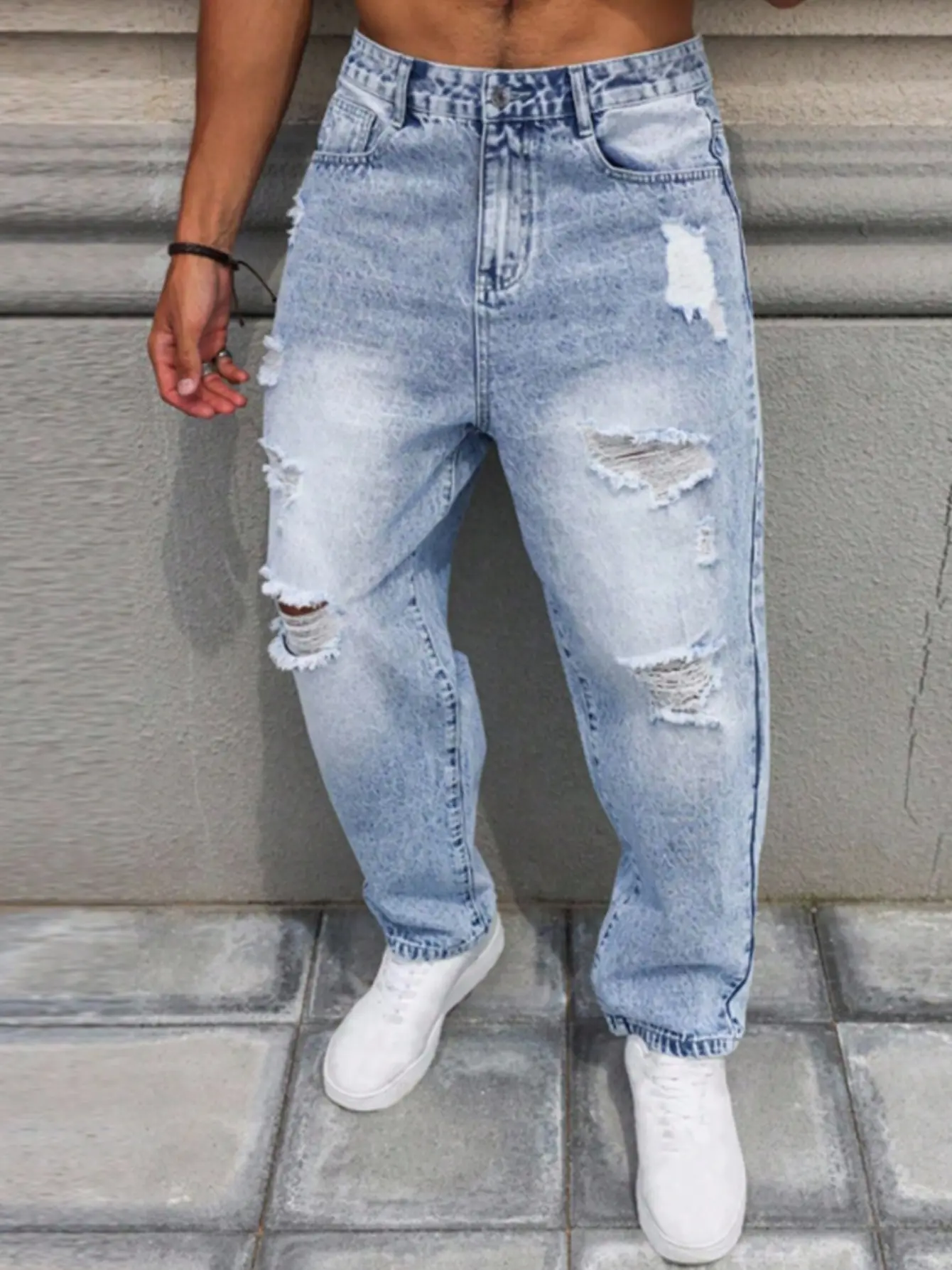 Men’s casual long jeans with a distressed, ripped look, irregular hole details, raw hem, straight cut design