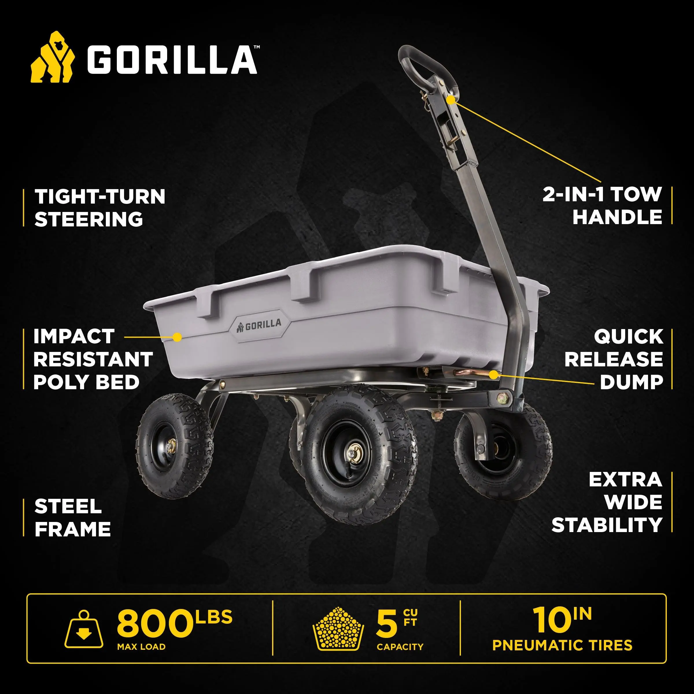 Gorilla Carts 800 Pound Capacity Heavy Duty Poly Yard Dump Utility Cart, Gray