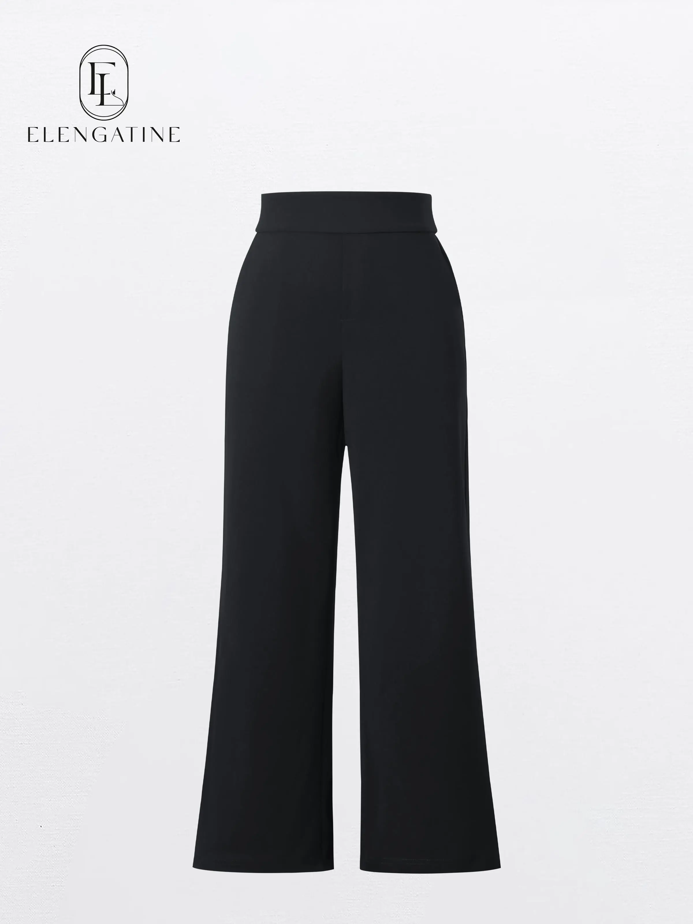 Elengatine Women's Stretch Wide Leg Work Pants, High Waist Minimalist Tummy Control Office Trousers with Pockets, Blouse, Basic, Bottoms, Basics, Elastane, Plain, Hidden Back Elastic, Polyester