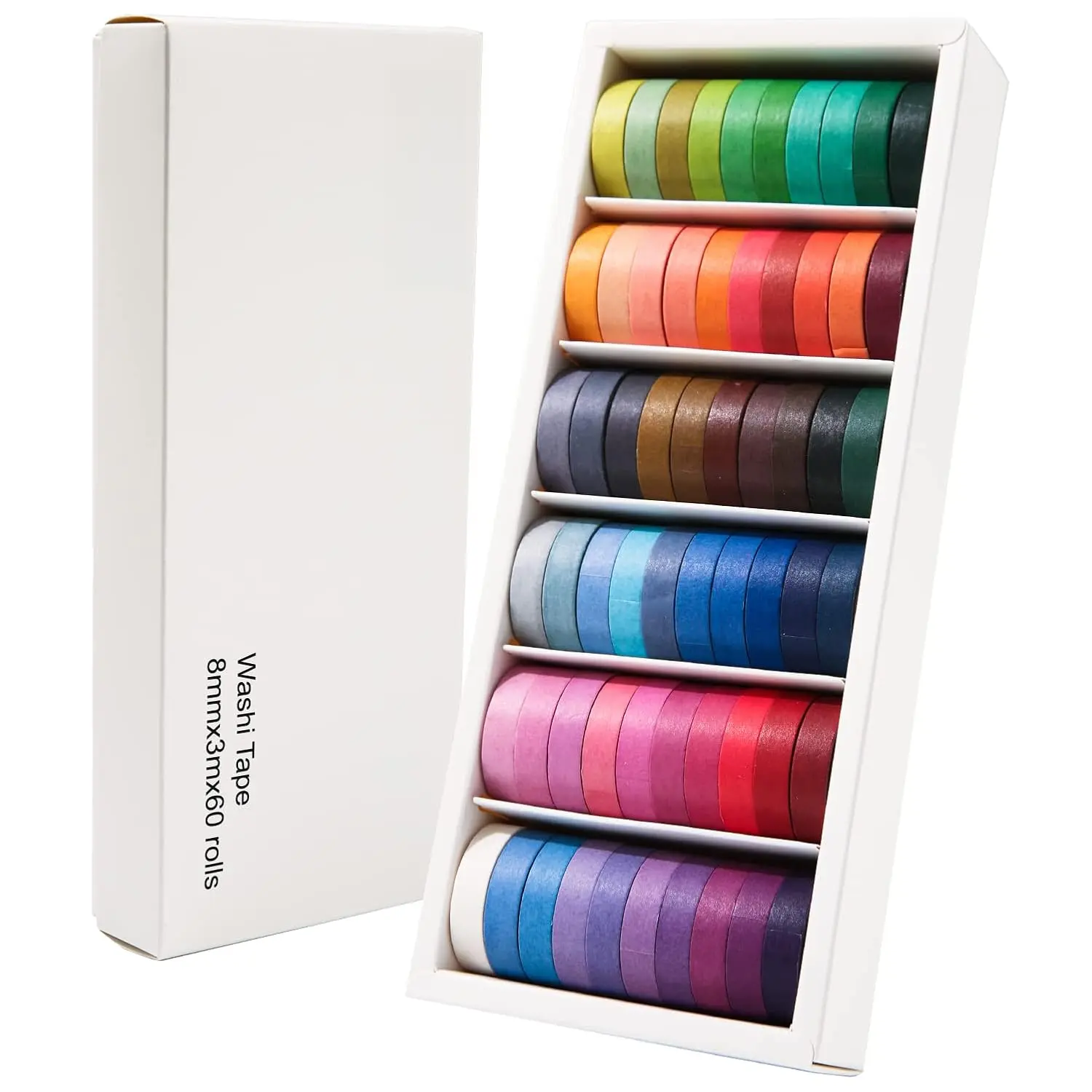 60 Rolls Washi Tape Sets 8mm Wide 10ft Long Basic Solid Color Rainbow Colored Decorative Thin Masking Tapes for Arts,  Gifts,  Journals, Wrapping Planner, Calendar, Scrapbooking DIY