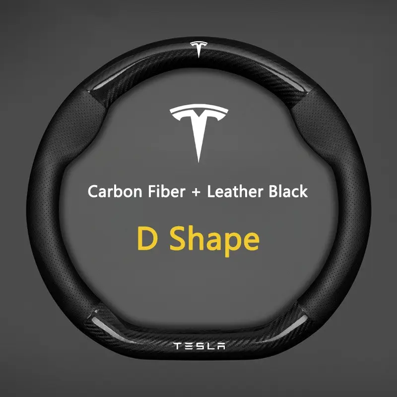 38cm Carbon Fiber Leather Car Steering Wheel Cover, Breathable Anti-Slip Cover for Tesla Model 3 S X Y, Juniper Roadster 2021 Cybertruck, Car Accessories
