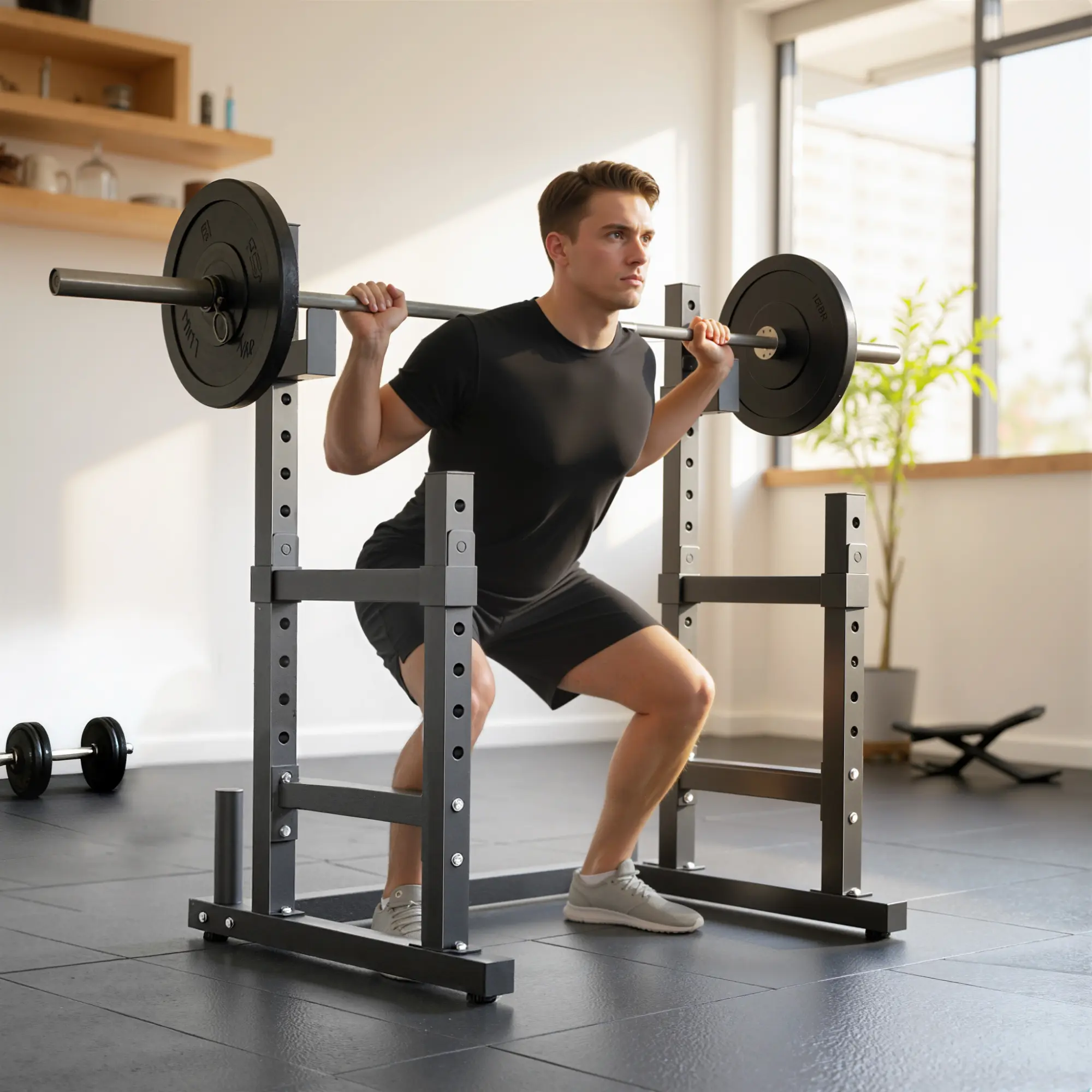 Adjustable Squat Rack – 660 lbs Multi-Functional Bench Press Rack. Dual Barbell Rack Design. 13 Upper + 6 Lower Height Settings. 2"x2" Steel Tubing. Integrated Plate Storage. Black