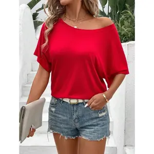 WomenSummerPlainAsymmetricNeckBatwingSleeveCasualT-Shirt