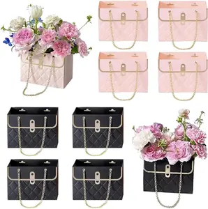 8PCS Flower Paper Gift Bag, Bouquet Storage Bucket Florist Handbag with Metal Chain, Craft Bag for Wedding Party Valentine's Day Birthday Mother's Day Bridal Shower  Bags