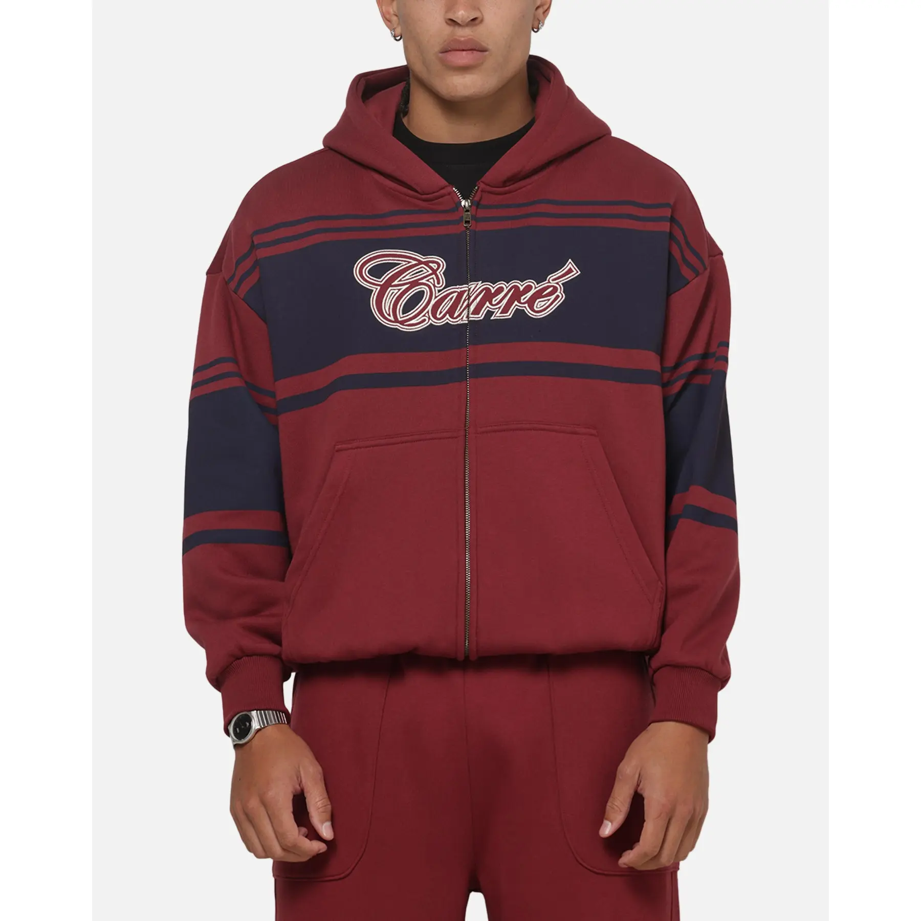 Carre Varsity Stripe Zip Hoodie Burgundy/Navy