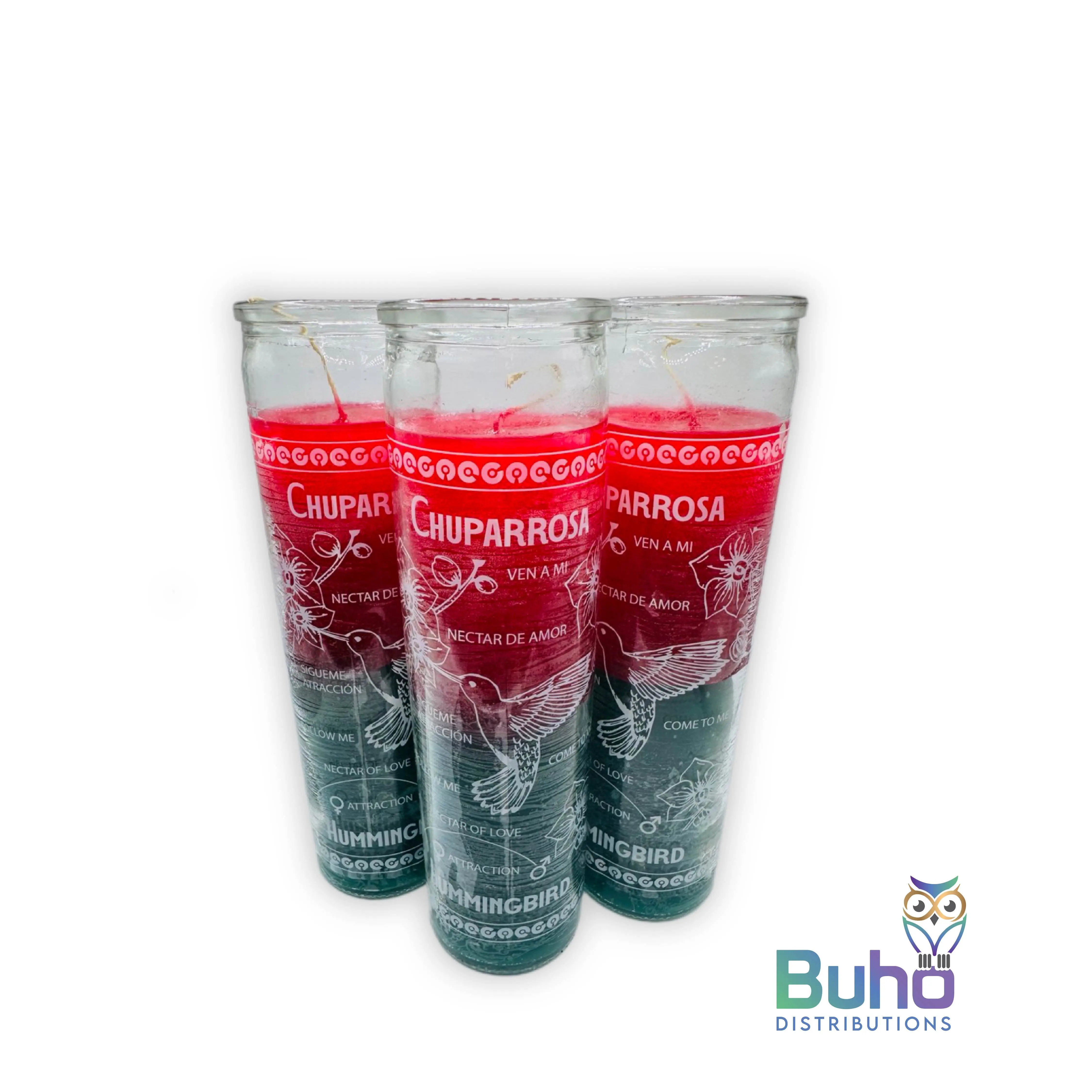 Hummingbird 8" Transparent-Green/Red | Chuparrosa Rojo-Verde| Set of 3 Religious 8” Candles| Búho Distribution