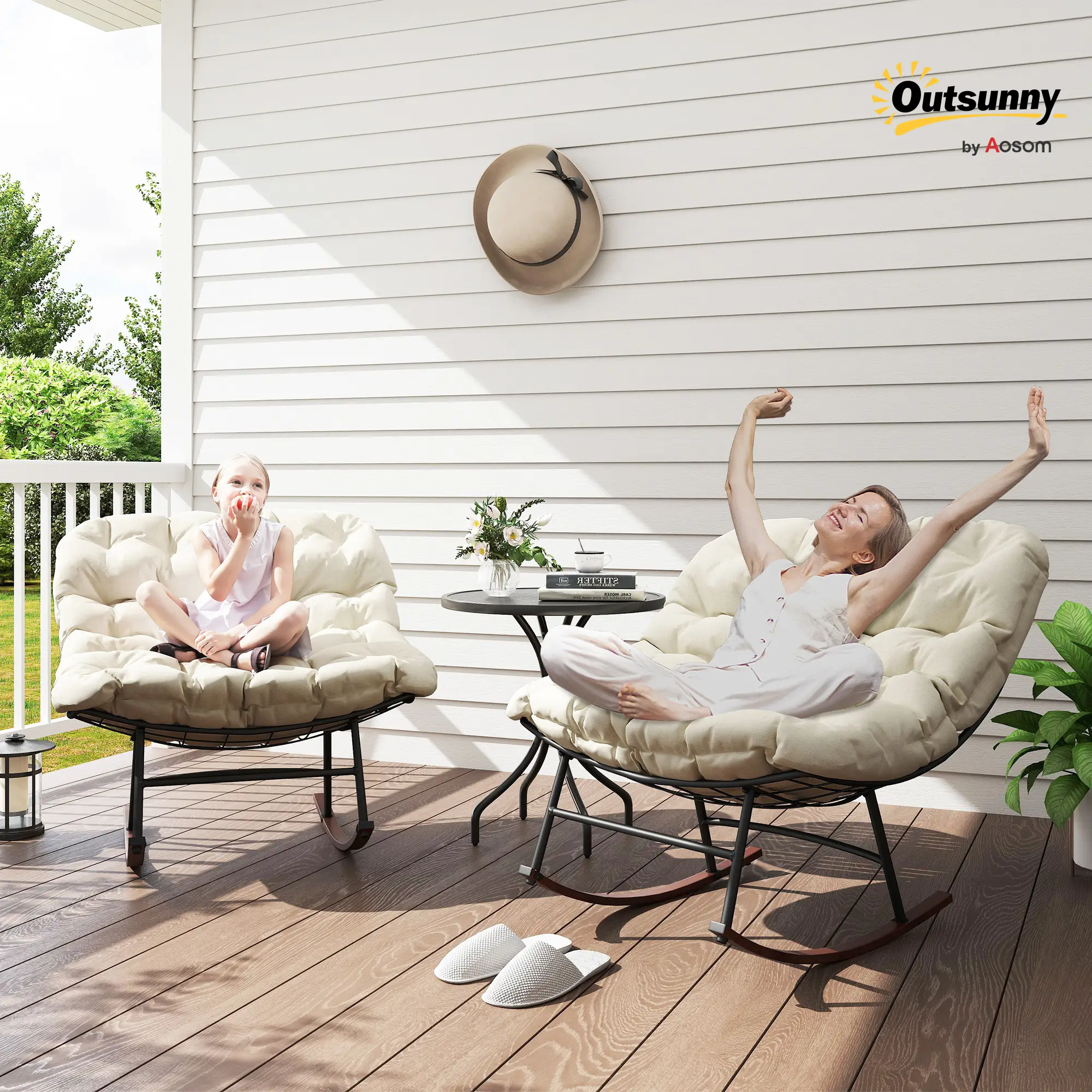 Outsunny Outdoor Rocking Chair Set of 2, Oversized Rocking Papasan Chairs with Cushions, Steel Frame, Comfy Rockers for Patio Porch Lawn Garden, Black