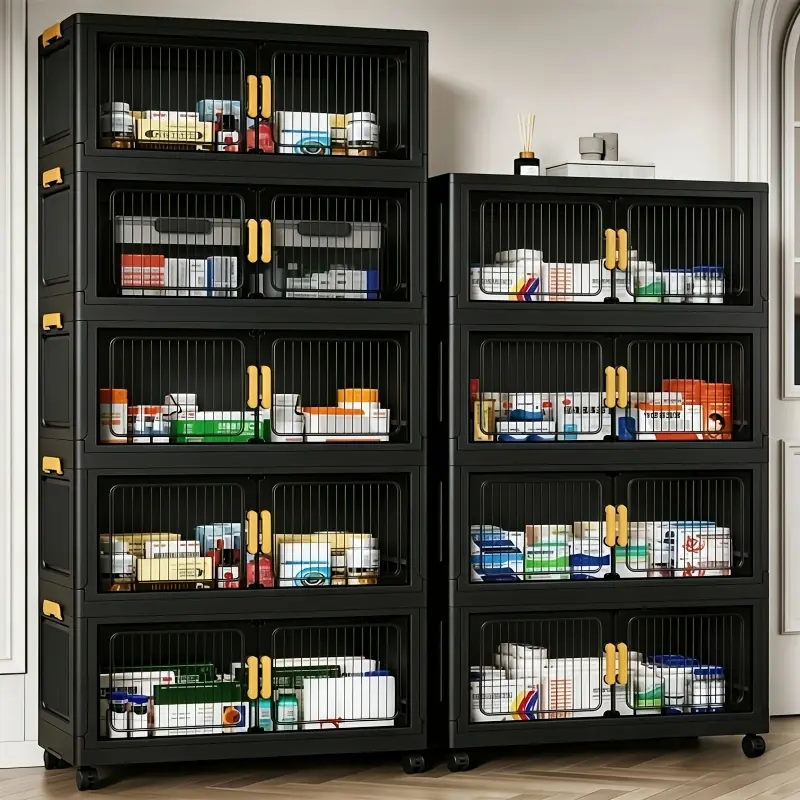 GOLDSNAKE  Large Capacity Foldable Medicine Storage Cabinet Stackable Rolling Organizer With Universal Wheels Slim Narrow Gap Cabinet Featured Magnetic Door Modular Structure EasyAssembly Freestanding Storage Unit For Living Room Office Dorm