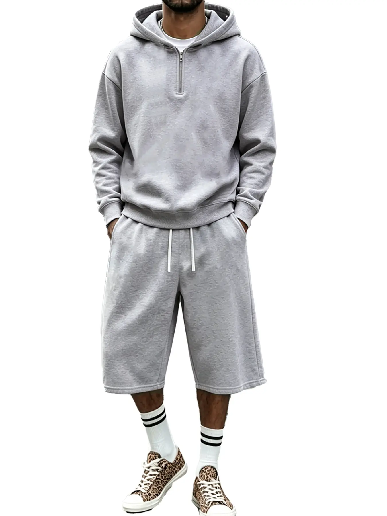 Men's Two-Piece Sports Set, Half-Zip Hoodie with Over-Knee Loose Sweatpants, Casual Street Style Seven-Quarter Pants Set, Casual Activewear Set, Athletic Streetwear, Solid Sports Sets