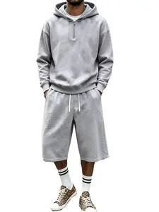 Men's Two-Piece Sports Set, Half-Zip Hoodie with Over-Knee Loose Sweatpants, Casual Street Style Seven-Quarter Pants Set