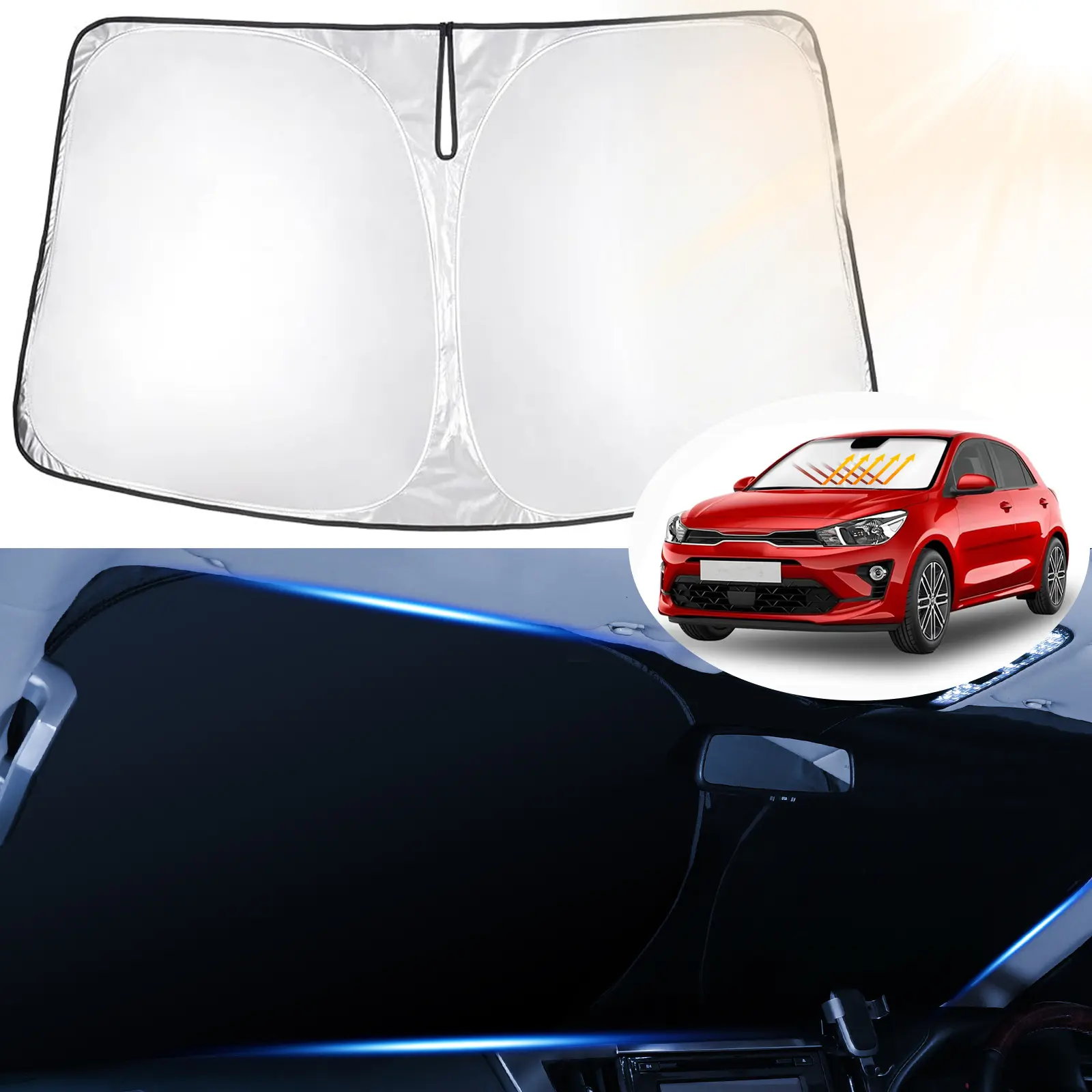 Canvcle Sturdy Portable Car Windshield Sun Shade Cover for Kia Rio 2018-2023, Custom Fit, Double-Thickness 240T Reflective Polyester, Foldable Sun Visor, UV Protective Sunshade, Blocks UV Rays, Keeps Car Cooler, Sturdy Sun Shade