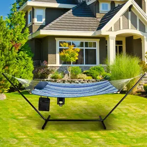 COSTWAY Double Hammock with Stand, 2 Person 12Ft Steel Hammock Stand with Cotton Hammock, Pillow, Cup Holder, Carry Bag, Indoor Outdoor Hammock Combo for Backyard, Patio, Porch