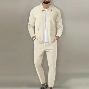 Men’s waffle knit tracksuit, two-piece casual outfit featuring a long-sleeve zip-up jacket and sweatpants set—lightweight sportswear suitable for workouts, running, and everyday wear