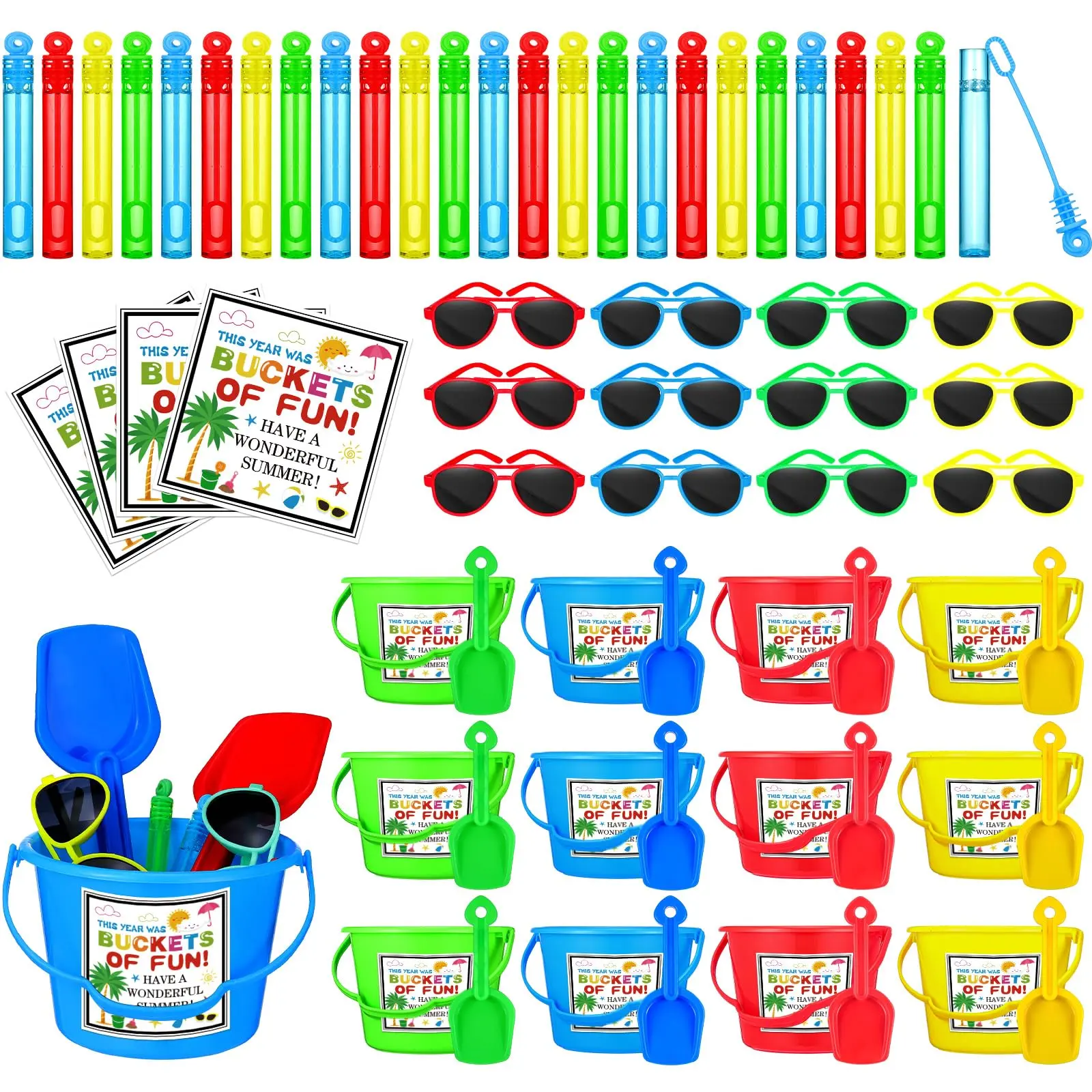 24 Pack Summer Party Buckets Gifts Bulk for Kids, Birthday Favors with Cards, End of Year Student Goodie Bags Various Sets with Different Accessories for Preschool Kindergarten Class Rewards Summer Birthday Graduation Party Supplies Holiday, Gifts Basket,