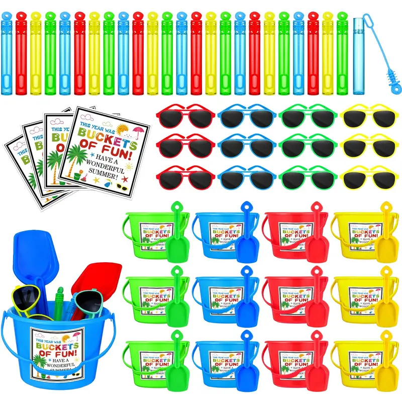 24 Pack Summer Party Buckets Gifts Bulk for Kids, Birthday Favors with Cards, End of Year Student Goodie Bags Various Sets with Different Accessories for Preschool Kindergarten Class Rewards Summer Birthday Graduation Party Supplies Holiday