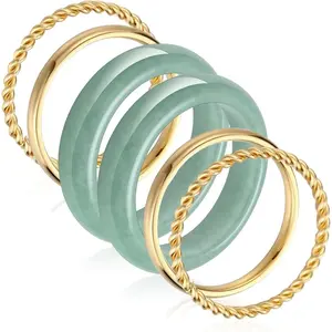 6 Pcs Jade Stackable Rings with Gold Plated Stainless Steel Rings Set for Women Nature Jadeite Genuine Aventurine Good Luck Healing Gemstone Jewelry Gifts for Women, Size 5-11