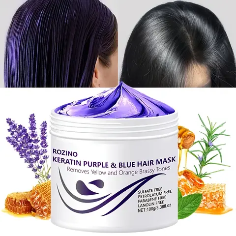 ROZINO Keratin Purple & Blue Hair Treatment Mask - Haircare Product for Brassiness Fix, Tone Removal & Anti-Yellowing on Reusable Hair Extensions (Targets Yellow, Orange Tones)