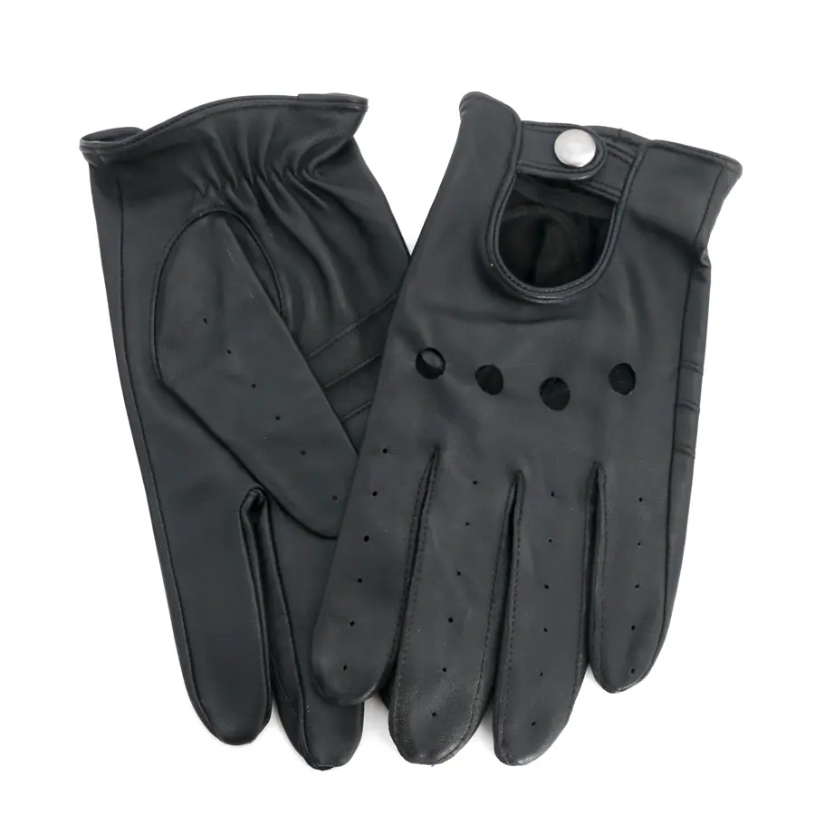 Black Genuine Leather Driving Gloves Breathable Ventilated For Men Women Outdoor Riding Daily Use