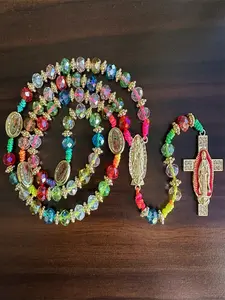 Mexican Virgin Mary Necklace, Crucifix Cross Pendant, Guadalupe Protection Blessing Charm, Catholic Handmade Jewelry, Unisex Car Hanging Charm, Crystal Pendant