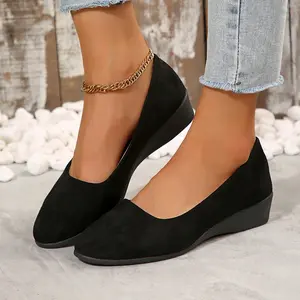 Wedges Women's Low Wedge Ballet Flats Round Toe Slip-On Suede Loafers All-Day Comfort for Office Work Daily Commute Girl Walking Shoes Soft Footwear High Heels Design