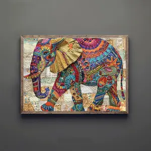 2D Flat, 1 Piece Vibrant Quilted Elephant Canvas Wall Art - Wooden Frame Colorful Patchwork Design Suitable for Living Room, Bedroom, Kitchen, Bathroom Decoration, Textured Appearance, Elephant Decor