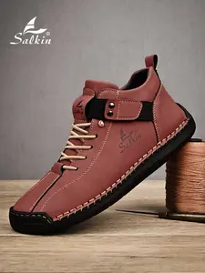 Salkin Men's Handcrafted Vintage Mid-Top Casual Shoes Stylish Letter Label Design Drawstring Sneakers Casual Comfortable Breathable Outdoor Boots Men's Versatile Round-Toe Shoes for Everyday Wear Large Size Men's Shoes Suitable for Year-Round Daily Wear