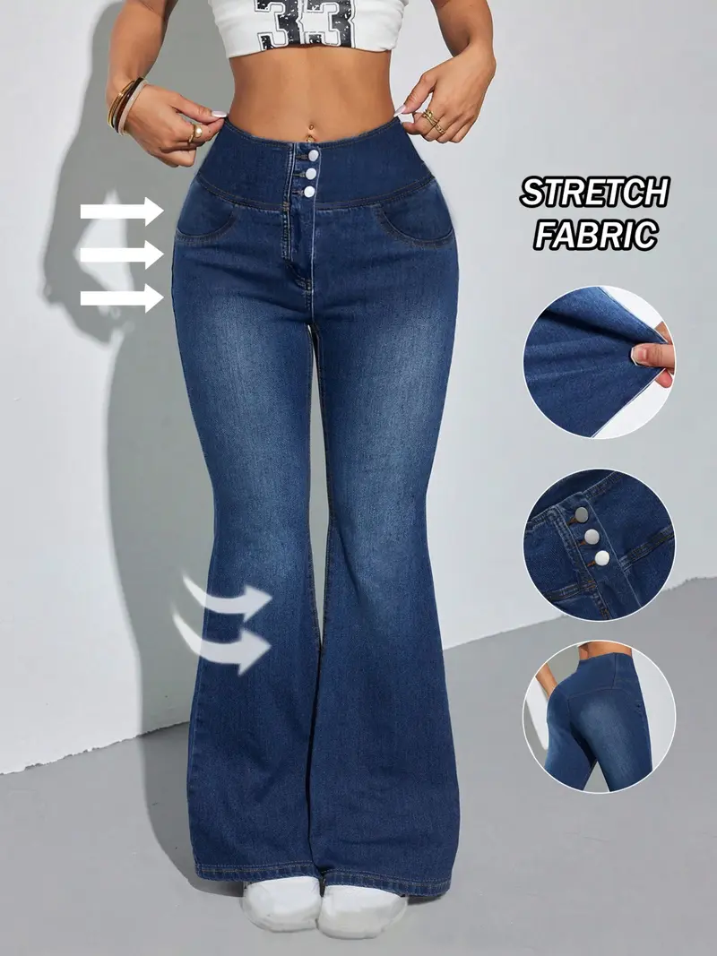 Women's High Waisted Stretchy Flare Jeans, Button Design, Butt Lifting, Comfortable Fashion Casual Bottoms, All Seasons