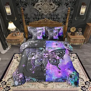 Moth Purple Black Boho Butterfly Gothic Comforter Bed Set,7 Pieces Ombre Bohemian Damask Bed Bag,Paisley Ethnic Bed Set,Women Men Adults Bedding