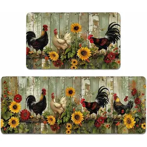 Rooster Kitchen Rugs Set of 2, Farmhouse Style Hen Kitchen Mats with Rubber Backing Non Skid Washable, Chicken Kitchen Decorations (17" x 29 + 17" x ")