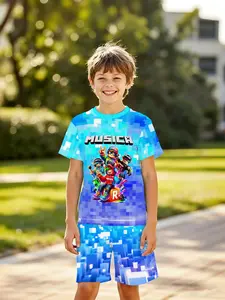Boys' 3D Short Sleeve Set, Game Character Pixel Print Casual Two-Piece, Outdoor Wear, Holiday Gift, Birthday Present