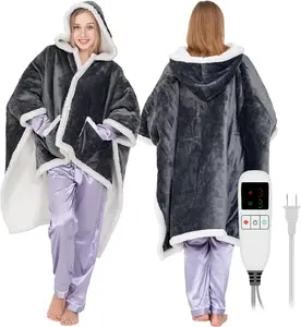 Wearable Heated Throw Blanket for Women Heated Poncho blankets with Sleeves Electric Heated Shawl Wrap,Flannel&Sherpa Electric Heated Hoodie Throw Blanket with 9 Temp for ,office 51"x63"