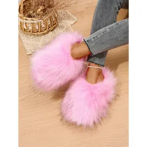 Fluffy Slippers For Women, 2023 Spring Plush Lined Indoor House Slippers Non-Slip Warm Shoes, Plus Size Faux Fur Fashion Slip-On Slides For Outdoor Wear