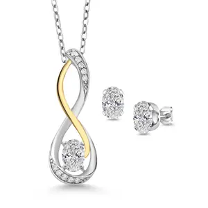 925 Silver and 10K Yellow Gold Lab Grown Diamond and White Lab Grown Diamond Pendant Earrings Jewelry Set For Women | 1.27 Cttw | Gemstone April Birthstone | Oval 6X4MM | with 18 Inch Chain