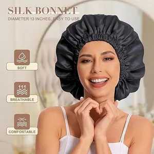 [Onime] 100% Mulberry Silk Bonnet Hair Wrap for Sleeping, Adjustable Silk Scrunchies Sleep Cap for Women Men Hair Care, Head Scarf Night Caps with Elastic Stay On Head, 1Pc(Black）