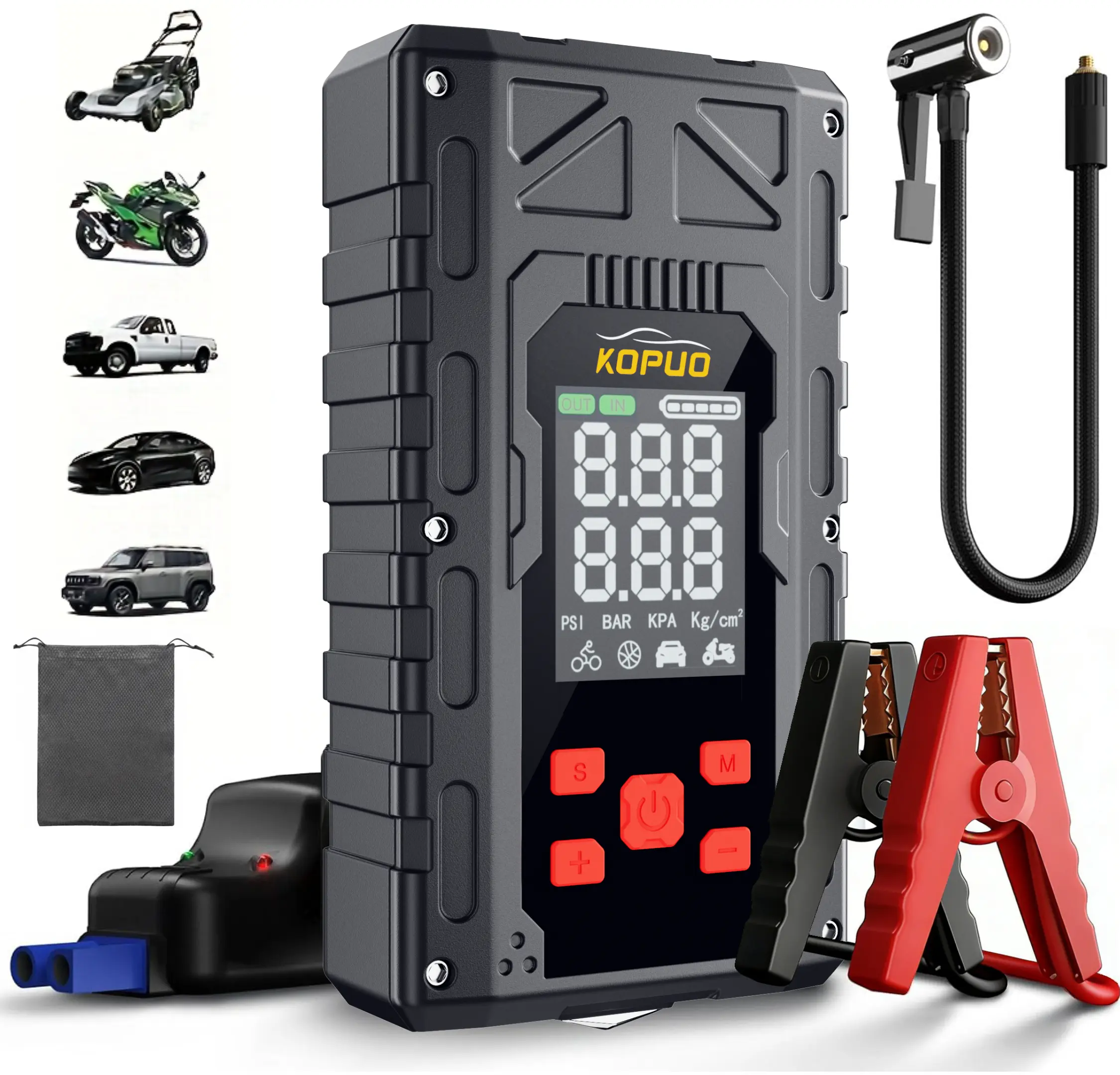 4-in-1 KOPUO Car Jump Starter - Tire Inflator, LED Lighting, LCD Display, Anti-Reverse Smart Clip , Ideal Gift Automotive Vehicle sohochic